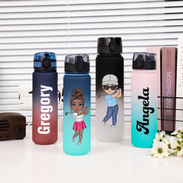 Gepersonaliseerde Gradient Cartoon Golf Theme Lekvrije Sport Naam Waterfles met Flip Top Deksel en Riem Verjaardagscadeau voor Gym Fitness Golf Lovers