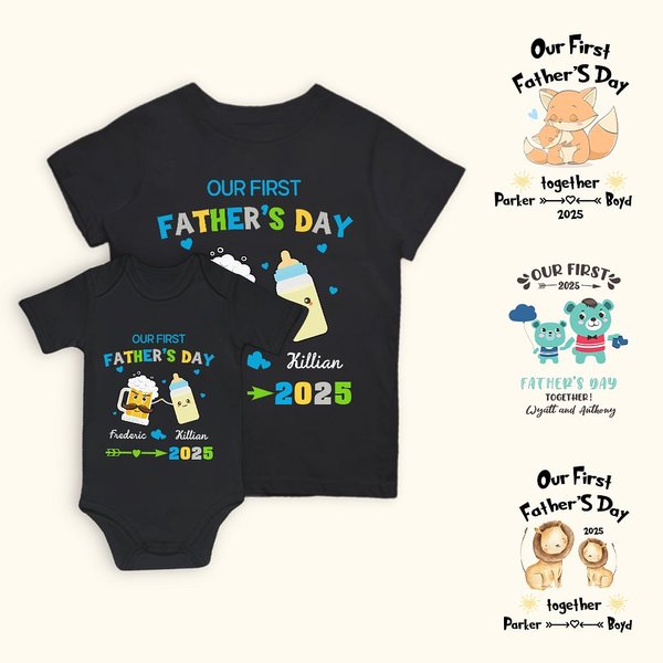Personalized Baby Bottle Bears Our First Father's Day 100% Cotton T-shirt Baby Onesie Set with Name New Dad Father's Day Gift for Dad Baby