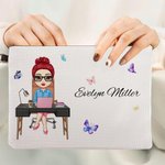Personalised Butterfly Cartoon Business Woman Linen Wristlet Makeup Bag with Name Birthday Appreciation Office Gift for Colleagues Leaders