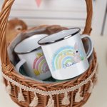 Personalisierte niedliche Regenbogen Osterhase 11oz Emaille Becher mit Namen Ostern Party Geburtstag Geschenk für Kinder