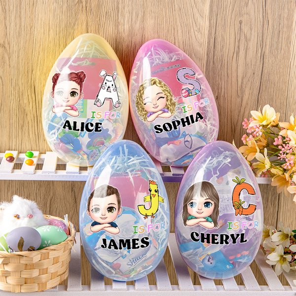 Personalisiertes Cartoon Junge Mädchen Befüllbares Jumbo Osterei mit Hase Küken Initiale Namen Urlaub Korb Geburtstag Party Geschenk für Kinder