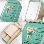 Personalisierte Bibel Vers Geburt Blume Blumenstrauß Reise-Schmuck-Box mit Namen und wechselnde Farbe LED Make-up Spiegel Geburtstag Hochzeit Geschenk für Frauen