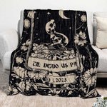 Personalised Moon Vintage Skull Floral Design Soft Throw Blanket with Name Gothic Style Home Decor Halloween Gift for Friend Family