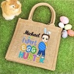 Personalisiertes Tote Bag Jute-Tasche Expert Egg Hunter Cartoon Charakter mit Namen Party Favor Ostereiersuche Geschenk für Jungen Mädchen