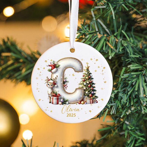 Ornement Rond en Céramique Personnalisé avec Nom et Année Style de Renne Décoration de Sapin Cadeau Noël pour la Famille et les Amis
