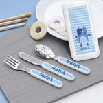 Set di posate per bambini in acciaio inossidabile con forchetta, cucchiaio e coltello, con astuccio e nome, regalo di compleanno e ritorno a scuola per bambini.