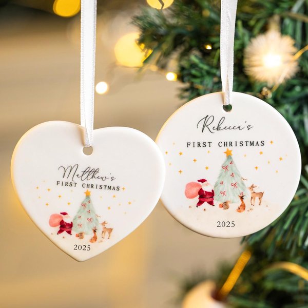 Ornement en Céramique Personnalisé avec Nom et Année Motif Père Noël Renne Cadeau Décoratif Premier Noël pour Bébé Garçon Fille