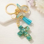 Personalisierte Gradient Schmetterling Kreuz Charme Schlüsselanhänger mit Initiale und Quaste Gebet religiöse Geburtstagsgeschenk für Frauen Christian