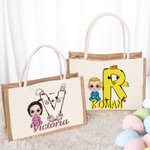 Personnalisé Cartoon Character Rabbit Chick Initial Large Jute Tote Bag with Name Eggs Hunting Party Favor Easter Gift for Boys Girls