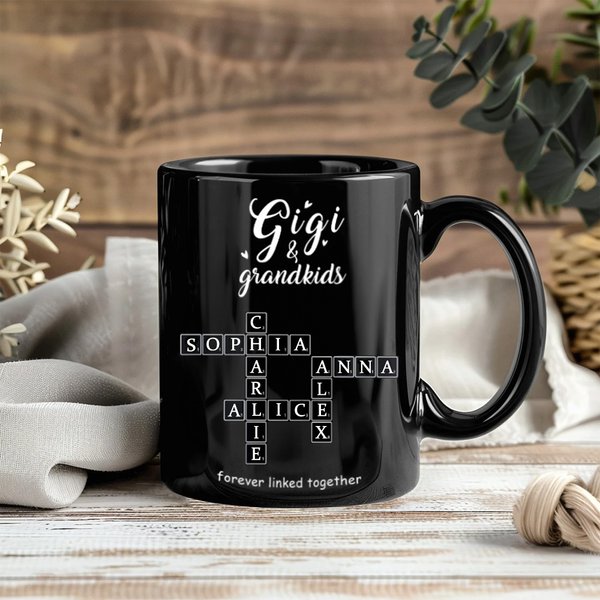 Spersonalizowany kubek ceramiczny Family Forever Linked Together Crossword Puzzle 11 oz z 2-8 imionami Prezent urodzinowy na parapetówkę dla mamy i babci