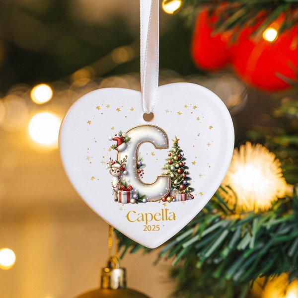 Ornement de coeur en céramique personnalisé avec nom et année – Style de renne et décoration de maison – Cadeau de noël pour famille amis