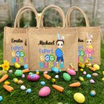 Personalisiertes Tote Bag Jute-Tasche Expert Egg Hunter Cartoon Charakter mit Namen Party Favor Ostereiersuche Geschenk für Jungen Mädchen
