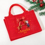 Spersonalizowana postać z kreskówki Holly Bow Czerwona jutowa torba na prezent wielokrotnego użytku z imieniem i inicjałem Prezent na przyjęcie bożonarodzeniowe dla rodziny