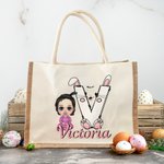 Personnalisé Cartoon Character Rabbit Chick Initial Large Jute Tote Bag with Name Eggs Hunting Party Favor Easter Gift for Boys Girls