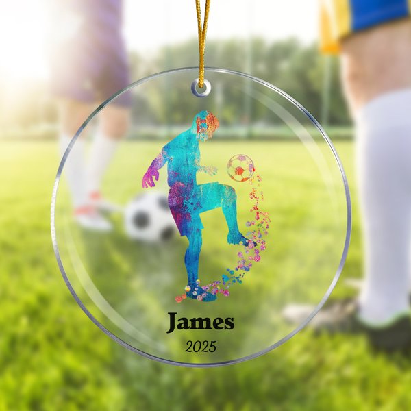 Ornamento acrílico transparente personalizado con nombre y año Silueta de jugador de fútbol en acuarela Decoración del árbol de Navidad Regalo deportivo para los amantes del fútbol