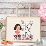 Personnalisé Cartoon Character Rabbit Chick Initial Large Jute Tote Bag with Name Eggs Hunting Party Favor Easter Gift for Boys Girls