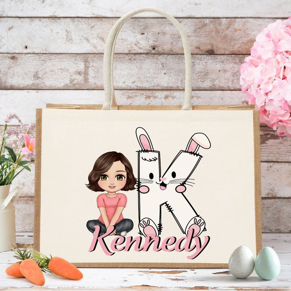Personlig Tecknad karaktär Kanin Kyckling Initial Stor Jute Tote Bag med Namn Ägg Jakt Party Favor påskgåva för pojkar flickor