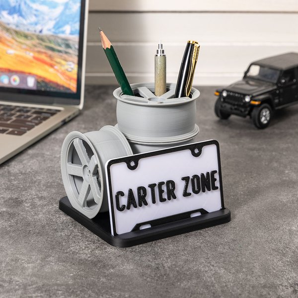Personalisierte 3D gedruckt gestapelt Rad Nummernschild Design unterteilt Stifthalter mit Text Schreibtisch Organizer Bürozubehör Geschenk für Autoliebhaber
