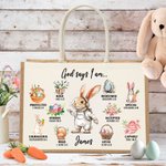 Personalised God Said I Am Cute Dream Job Bunny Bible Jute Tote Bag with Name and Canvas Pocket Easter Birthday Christian Gift for Kids