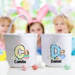 Personalized Bunny Initial Easter Egg Character Canvas Basket with Name Happy Easter Eggs Hunting Birthday Gift for Boys Girls