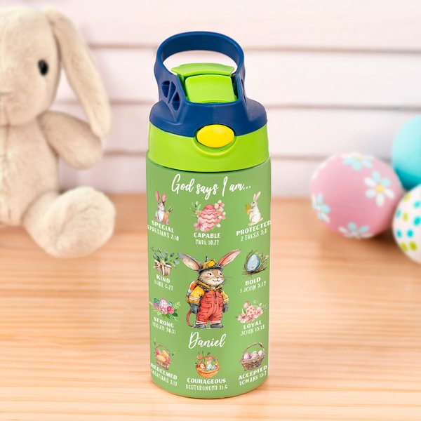 Personalisierte Multicolor Cute Rabbit Karriere 12oz isolierte Kinder Wasserflasche mit Griff und Stroh Geburtstag Ostern Geschenk für Jungen Mädchen