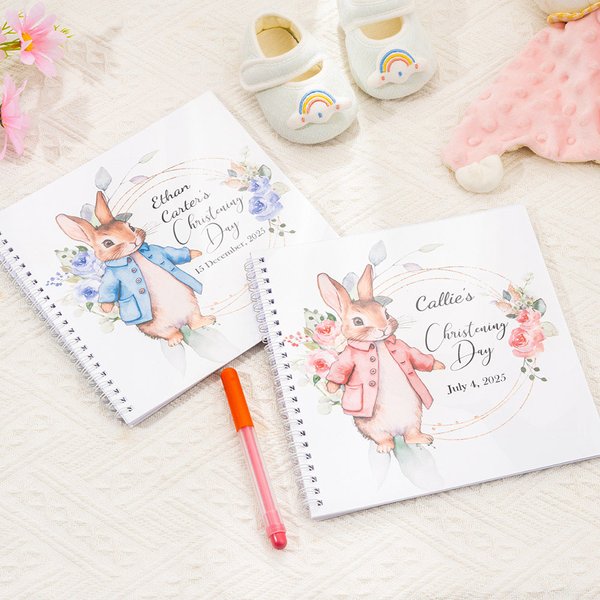 Personalized Floral Peter Rabbit Spiral Christening Guest Book with Clear PVC Linen Cover and 80 Blank Pages Baptism Memory Gift for New Parents
