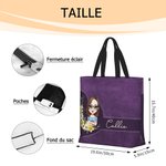 Sac à Main Personnalisé avec Nom Couronne de Fleurs de Naissance et Personnage Dessin Animé Cadeau d'Anniversaire pour Femmes