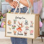 Personalised God Said I Am Cute Dream Job Bunny Bible Jute Tote Bag with Name and Canvas Pocket Easter Birthday Christian Gift for Kids