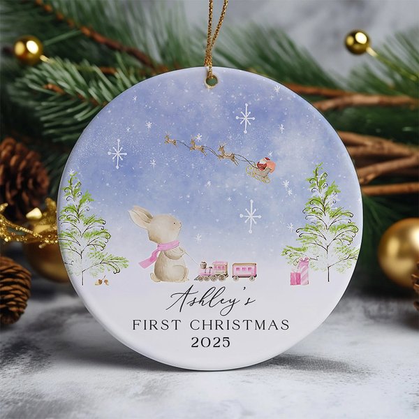 Personalisierte erste Weihnachten niedlichen Hasen Keramik Ornament mit Namen doppelseitigen Druck Baumschmuck Urlaub Party Geschenk für Neugeborene
