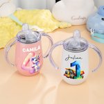 Personalised Fantasy Digital Unicorn Dinosaur Vehicle 10oz Insulated Name Sippy Cup with Lid and Handle Birthday Baby Shower Gift for Toddler Kids