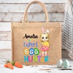 Personalisiertes Tote Bag Jute-Tasche Expert Egg Hunter Cartoon Charakter mit Namen Party Favor Ostereiersuche Geschenk für Jungen Mädchen