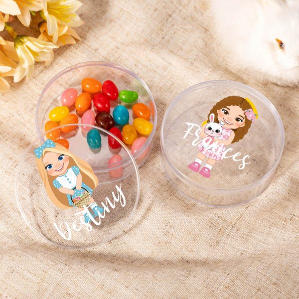 Personalizado lindo conejito de la muchacha de la historieta transparente redondo caramelo tratar caja con nombre cesta de vacaciones rellenos Pascua fiesta regalos para niños