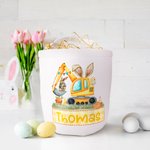 Personalisierte niedlichen Osterhasen Bagger Leinwand Osterkorb mit Namen Ostereier Jagd Party Favor Geschenk für Jungen Mädchen