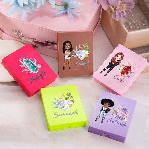 Personalised Fashion Cartoon Girl Birthstone Name 5 Pcs Makeup Brush Set with Travel Storage Box Birthday Bridesmaid Gift for Women Girls