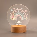 Personalized Rainbow Initial Floral Peter Rabbit LED Night Light with Wooden Base and Name Date Nursery Decor Birthday Baby Shower Gift for Kids