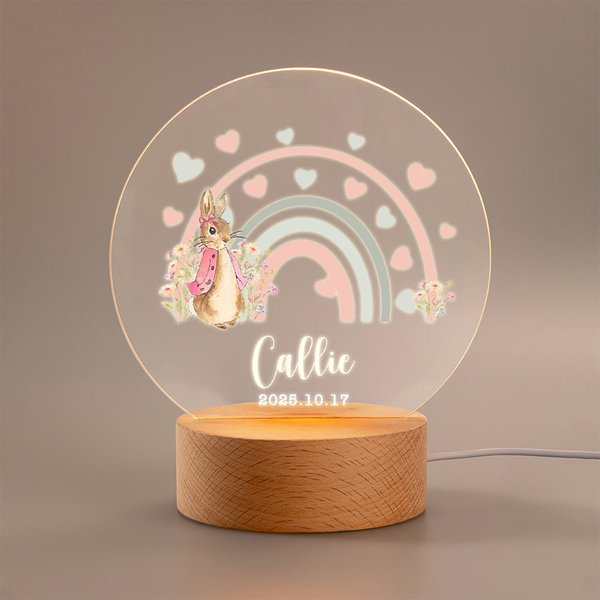 Personalized Rainbow Initial Floral Peter Rabbit LED Night Light with Wooden Base and Name Date Nursery Decor Birthday Baby Shower Gift for Kids