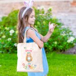 Personalized Floral Easter Eggs Cartoon Character Bunny Large Canvas Tote Bag with Name Birthday Easter Party Gift for Girls