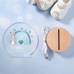 Personalized Rainbow Initial Floral Peter Rabbit LED Night Light with Wooden Base and Name Date Nursery Decor Birthday Baby Shower Gift for Kids