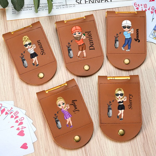 Gepersonaliseerd Cartoon Golf Karakter Naam Draagbaar Lederen Cribbage Bord Set met 2 Banen 4 Pinnen Reizen Party Spel Verjaardagscadeau voor Cribbage Lovers