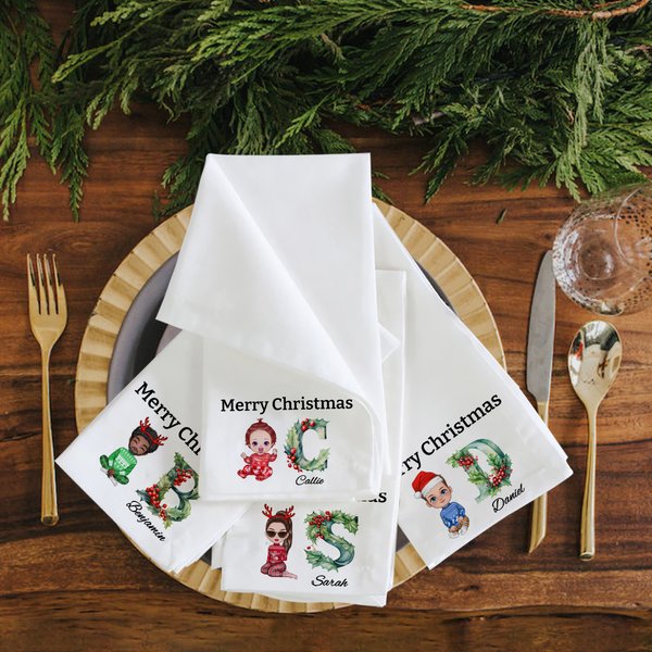 Serviette Réutilisable en Coton 100 % Personnalisée avec Motif Cartoon de Noël Initiale et Nom Cadeau Pendaison de Crémaillère pour Famille