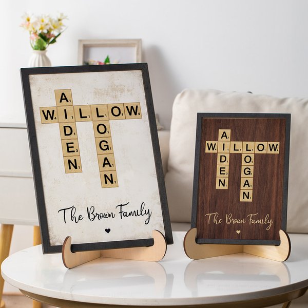 Gepersonaliseerde Namen Familie Kruiswoord Kunst Houten Frame Schilderij met Stand Home Decor Housewarming Huwelijksgeschenk voor familie Vriend