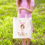Personalized Floral Easter Eggs Cartoon Character Bunny Large Canvas Tote Bag with Name Birthday Easter Party Gift for Girls