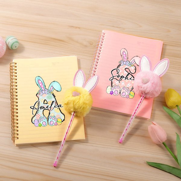 Personalized Playful Bunny Ears Bow Egg Initial Name A5 Spiral Notebook and Pom Puff Pen Set with 156 Lined Pages Birthday Easter Gift for Boys Girls