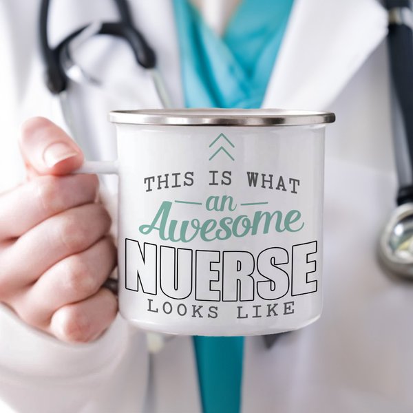 Personalised An Awesome Nurse 11oz Silver Rim Enamel Mug with Text Birthday Appreciation Graduation Gift for Nurse Medical Students