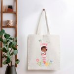 Personalized Floral Easter Eggs Cartoon Character Bunny Large Canvas Tote Bag with Name Birthday Easter Party Gift for Girls