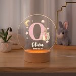 Personalized Rainbow Initial Floral Peter Rabbit LED Night Light with Wooden Base and Name Date Nursery Decor Birthday Baby Shower Gift for Kids