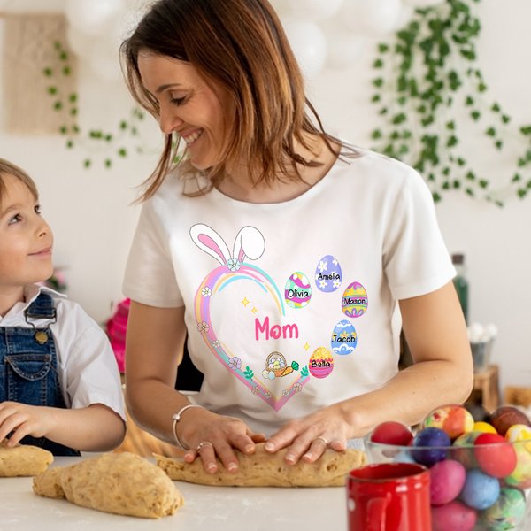 Spersonalizowana koszulka 1-12 imion Pisanka Królik Serce Bluza Wielkanocna Prezent na Dzień Matki dla Mamy Babci
