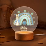 Personalized Rainbow Initial Floral Peter Rabbit LED Night Light with Wooden Base and Name Date Nursery Decor Birthday Baby Shower Gift for Kids