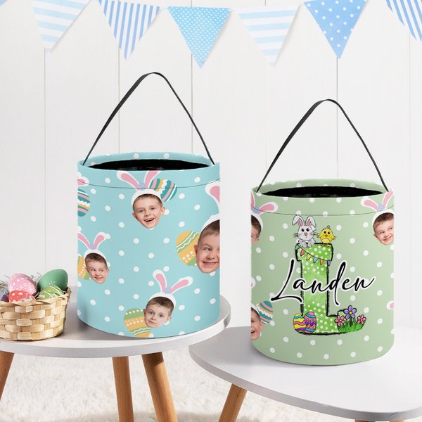 Gepersonaliseerd schattig Bunny initiaal 1-3 portret foto ontwerp herbruikbare paasmand met handvat en naam Paaseierenjacht cadeau voor kinderen
