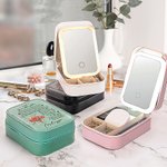 Personalized Birth Flower Bouquet Name Leather Jewelry Box with LED Three-color Adjustable Makeup Mirror Birthday Wedding Gift for Women Girls